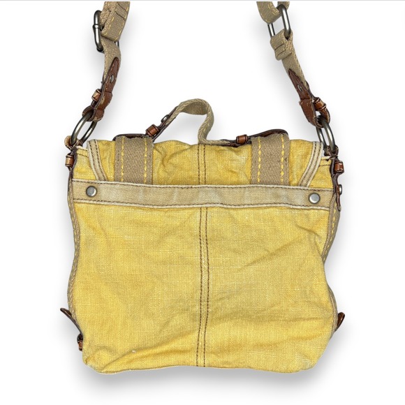 Fossil Yellow Canvas Crossbody Messenger Bag Leather Trim Buckle Flap Organizer - Picture 2 of 14